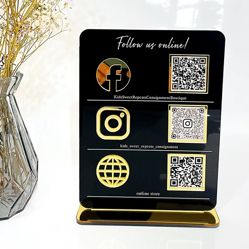 Customize Social Media Signs 2 or 3 icon Codes Business Sign Gold Acrylic Payment Code