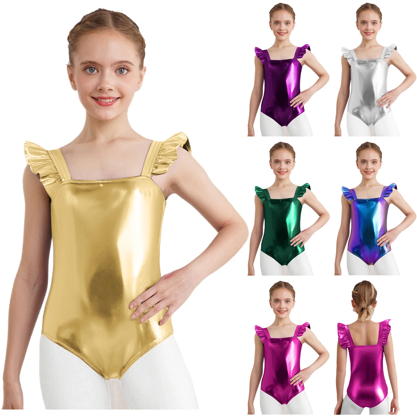 Mädchen Metallic Shiny Gymnastik Trikot Ballett Tank Unitard Body Ärmellos Tanz Overall Eiskunstlauf Performance Kostüm