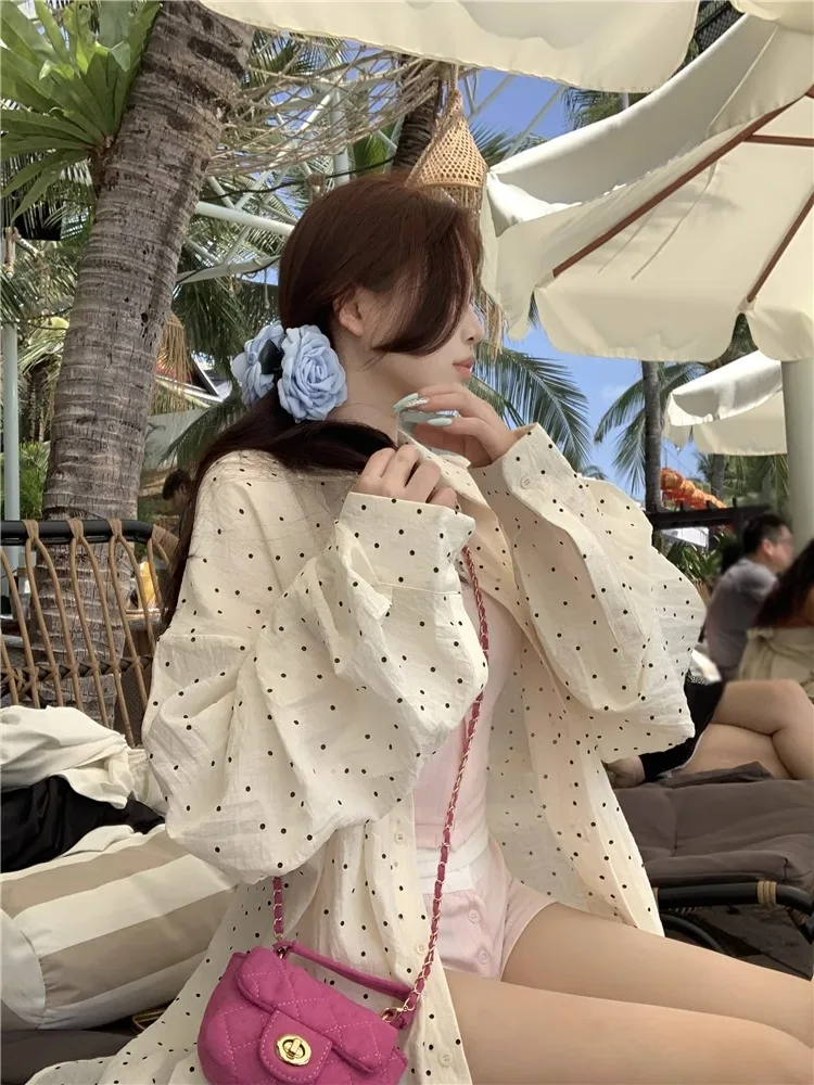 

Свободная женская рубашка с длинным рукавом, весенний дизайн, в горошек, белая, оверсайз, для многослойных образов, в стиле Sweet Sle College Trend