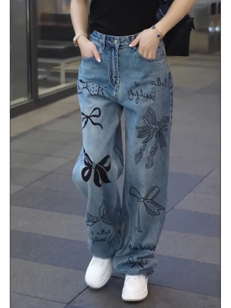 Graffiti Bow Aesthetics Design Vintage Women's Jeans European American Style Jeans for Women Street Personality New Pants Woman