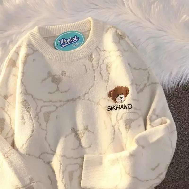 Kawaii Anime Bear Embroidery Sweater Female Autumn Winter Casual Loose Couple Knit Clothes Women Yk2 Hip Hop Streetwear Tops Y2k