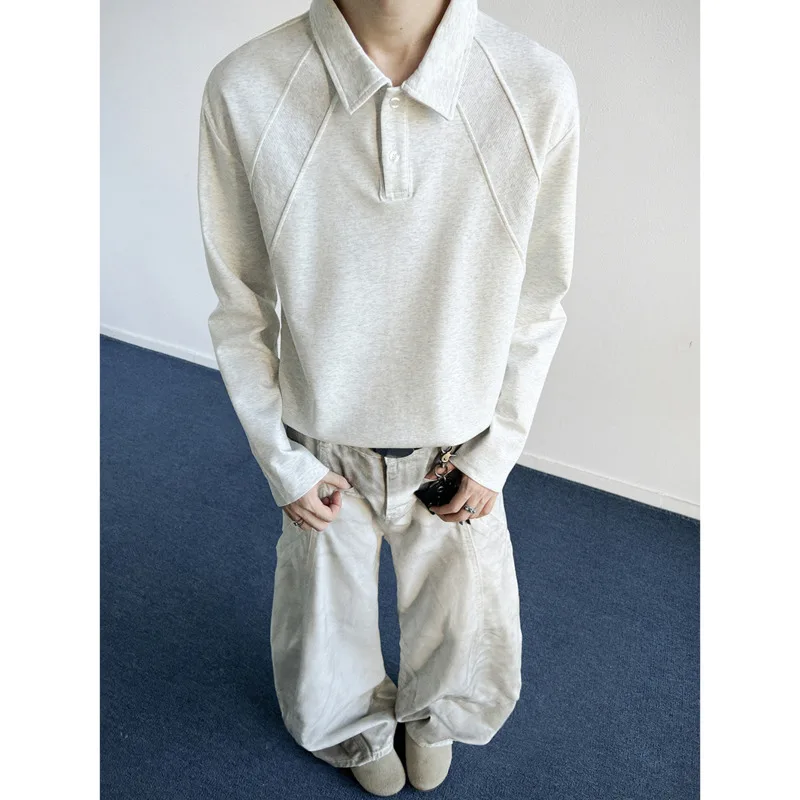 

Autumn Long Sleeved T-shirt Men Fashion Solid Color Casual T-shirt Men Streetwear Korean Loose Lapel T Shirt Mens Top M-3XL
