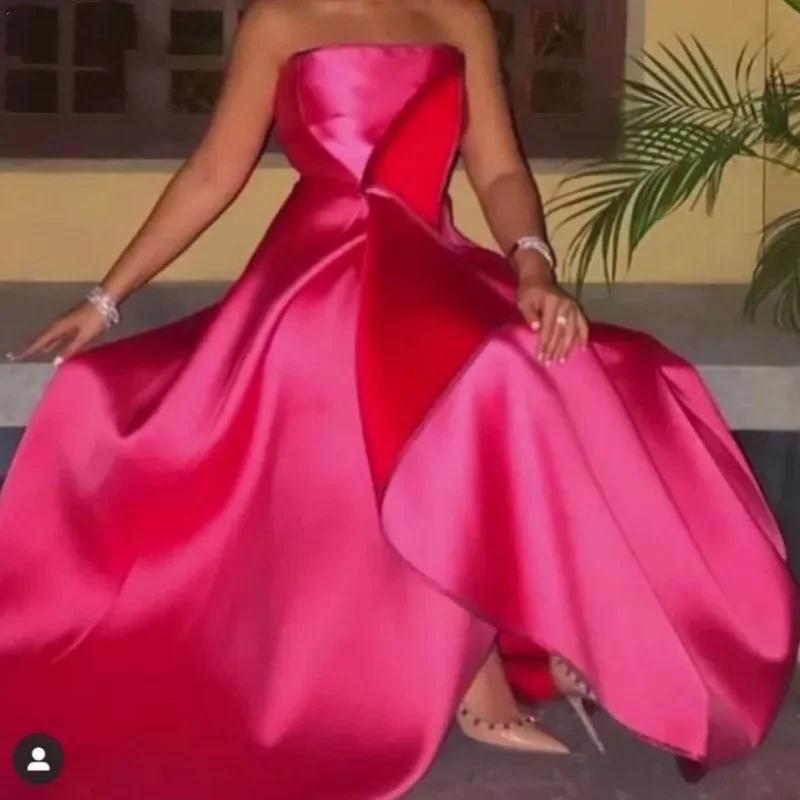 Strapless Simple Prom Dresses 2021 New Design Satin Ruched A Line Evening Gowns Plus Size Robe Party Dress