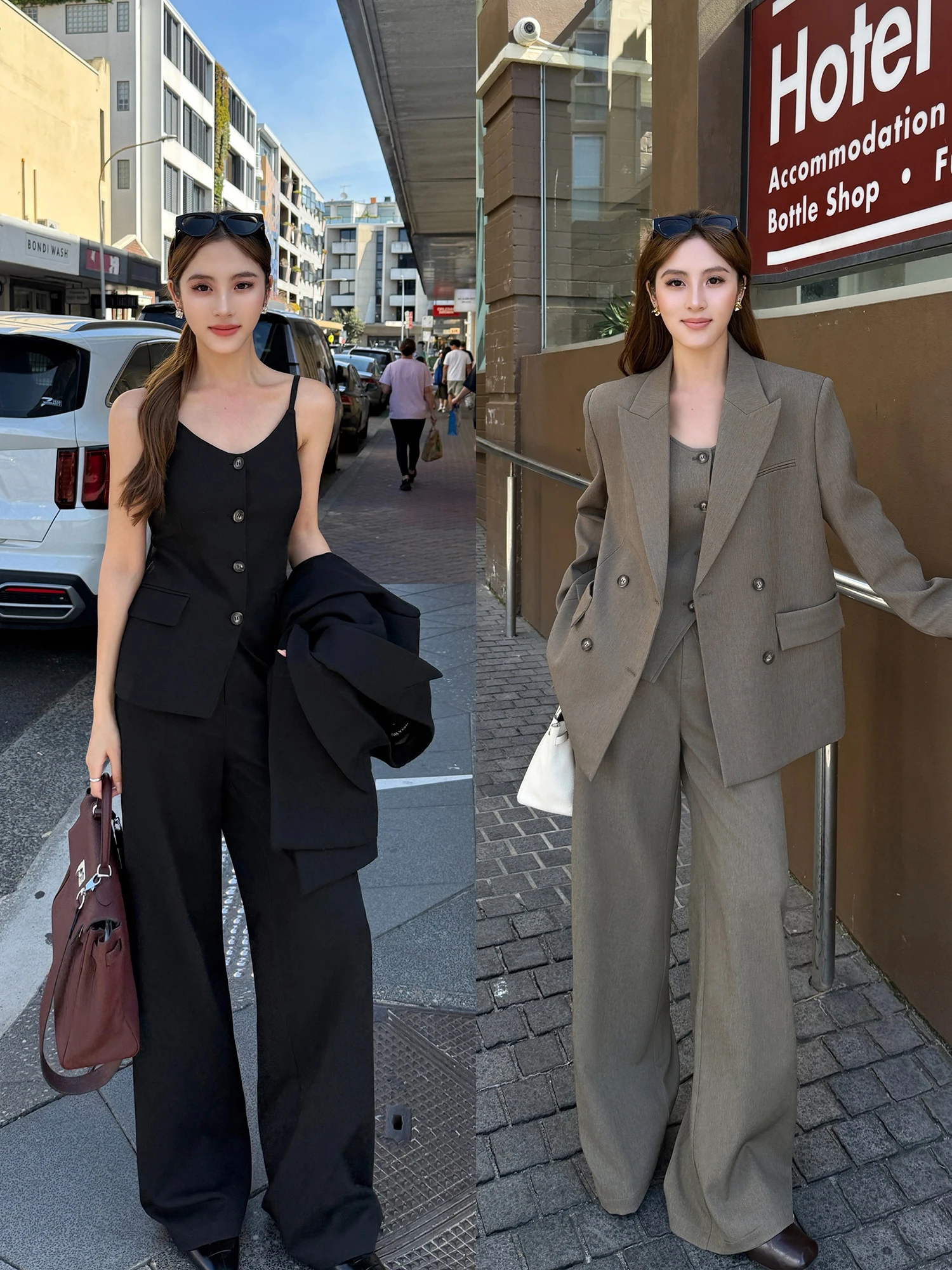 NEVA HU Women's Casual Style Loose Fit Suit Jacket with Strap Vest And Pants Set Double Breasted Long Sleeve Polyester Fiber