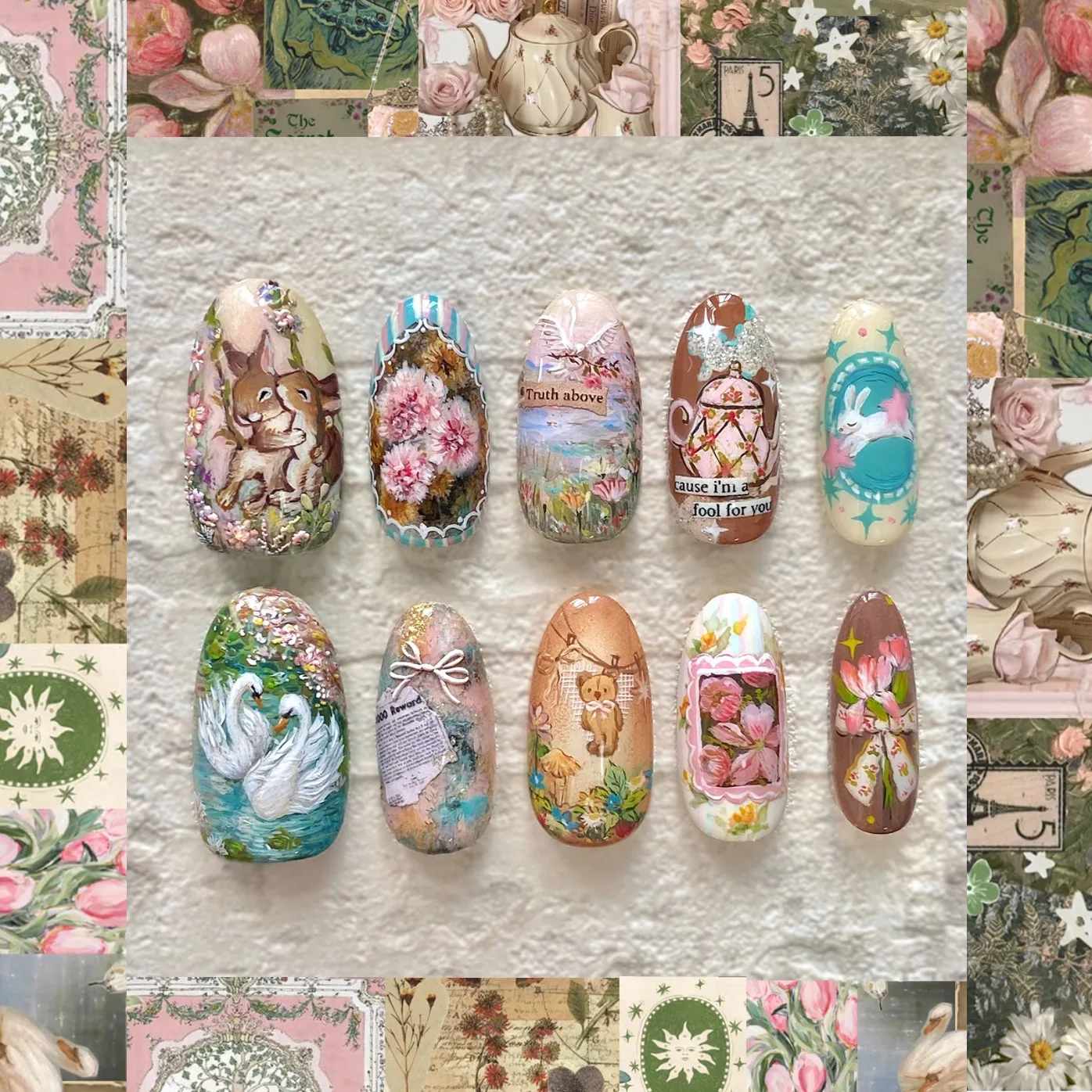 24Pcs Amber Rose Smudge Fake Nails Rabbit Butterfly Design Press on False Nails Mid-length Almond Reusable Full Cover Nails Tips