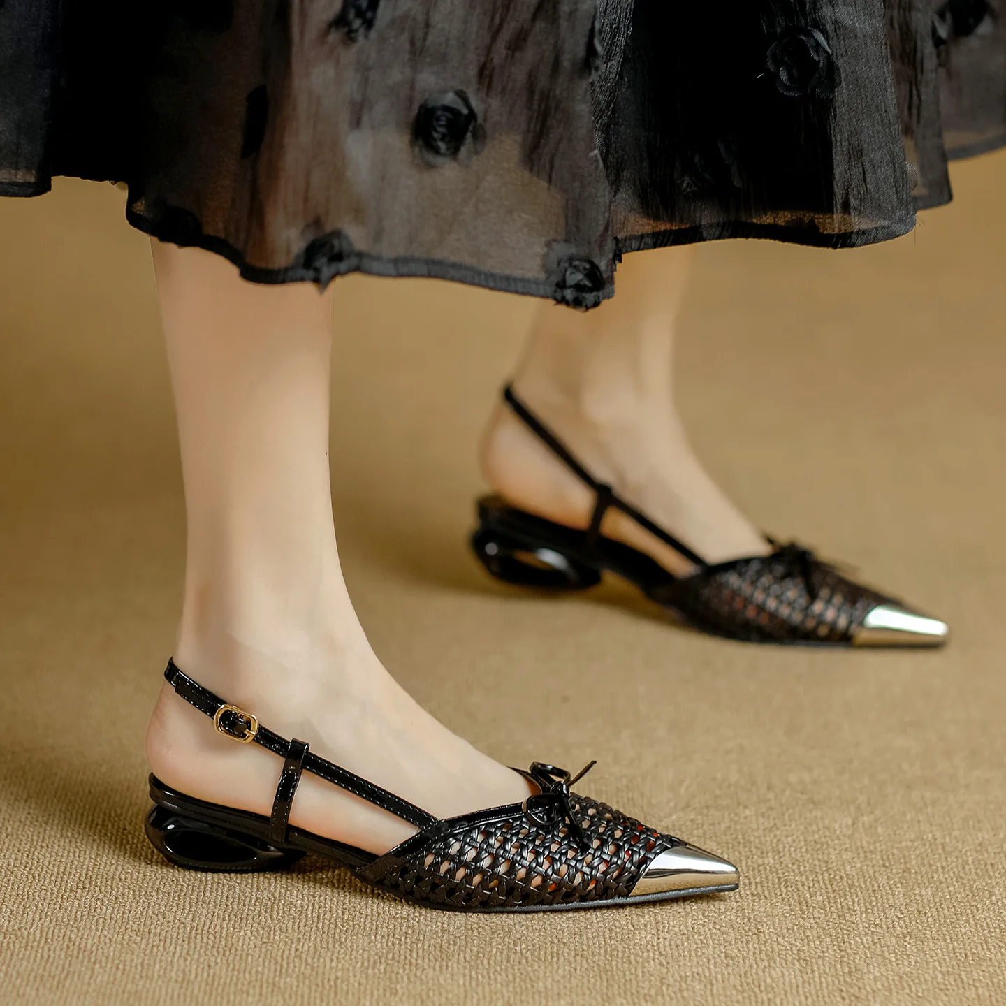 2026 Women's Silver Fishnet Pointed-Toe Ankle Strap Flat Mules Casual Daily Party Shoes Q-487