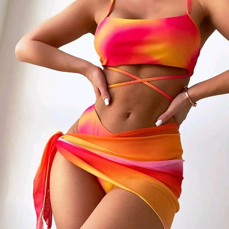 

2026 Bathing Swimming Swim Suit Female Summer Beachwear 3 Pieces Ombre Lace Up Bikini Swimsuit & Beach Skirt Sexy Swimwear Women