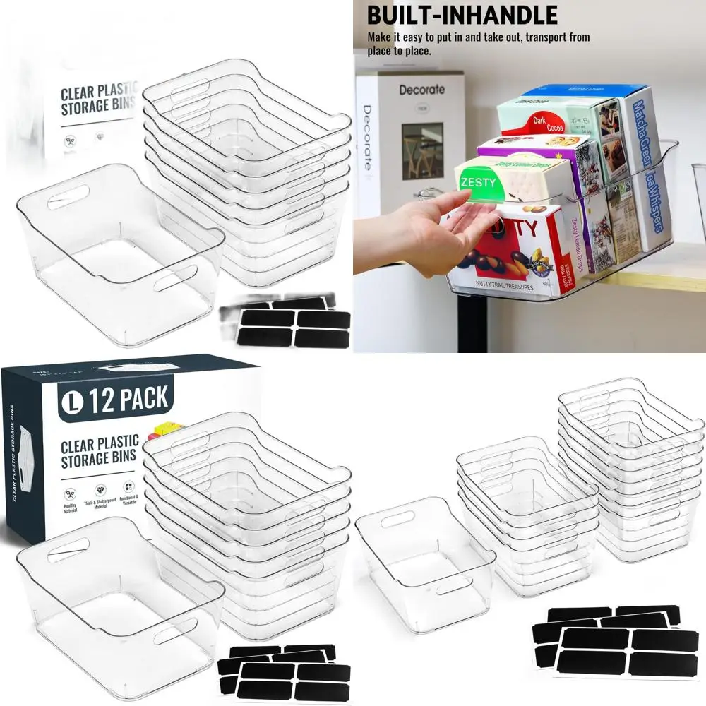

12-Pack Clear Plastic Storage Bins with Labels for Home, Kitchen, Pantry, Bathroom, Office, Cabinet, and RV Organization