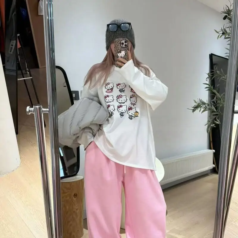 

Sanrio Hello Kitty Cartoon Long Sleeve T Shirt Brushed Cotton Women Autumn Winter Casual Wear Cute Loose Fit White Print Tops