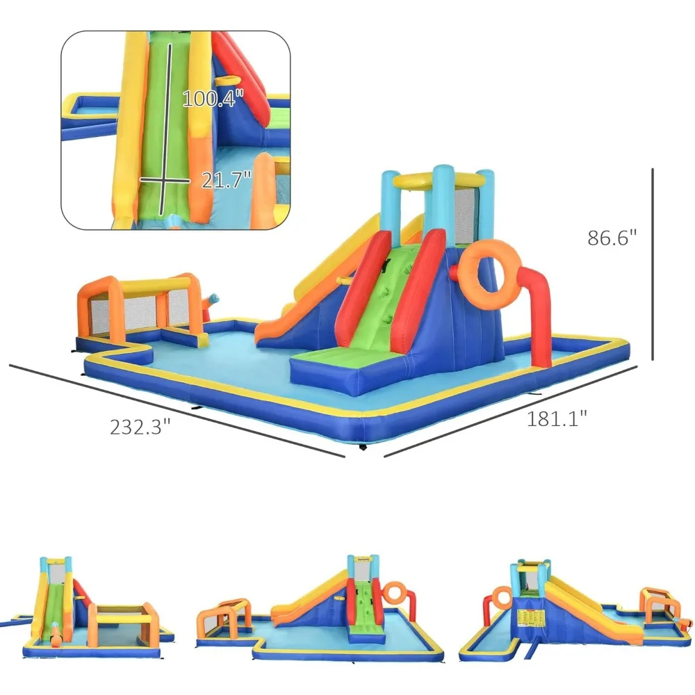 Inflatable Water Slide 6-in-1 with Water Pool, Basketball Hoop, Climbing Walls, 450W Air Blower, Bounce House Water Park