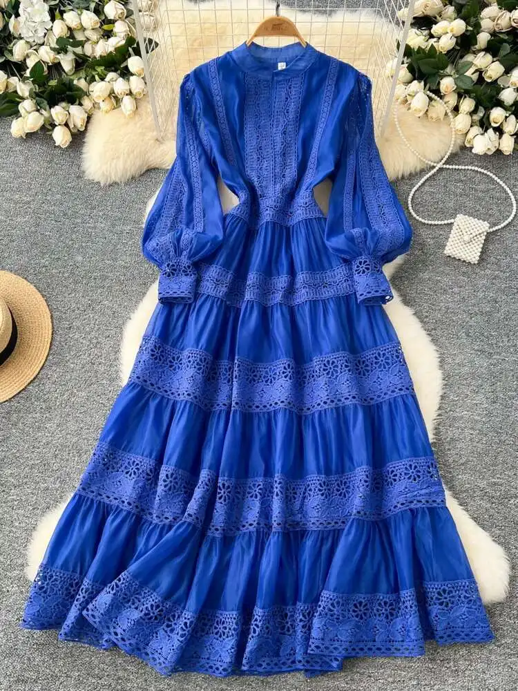 Vestido de noche bordado de encaje blanco liso para mujer, bata Midi de manga larga para fiesta y boda, moda de verano y otoño