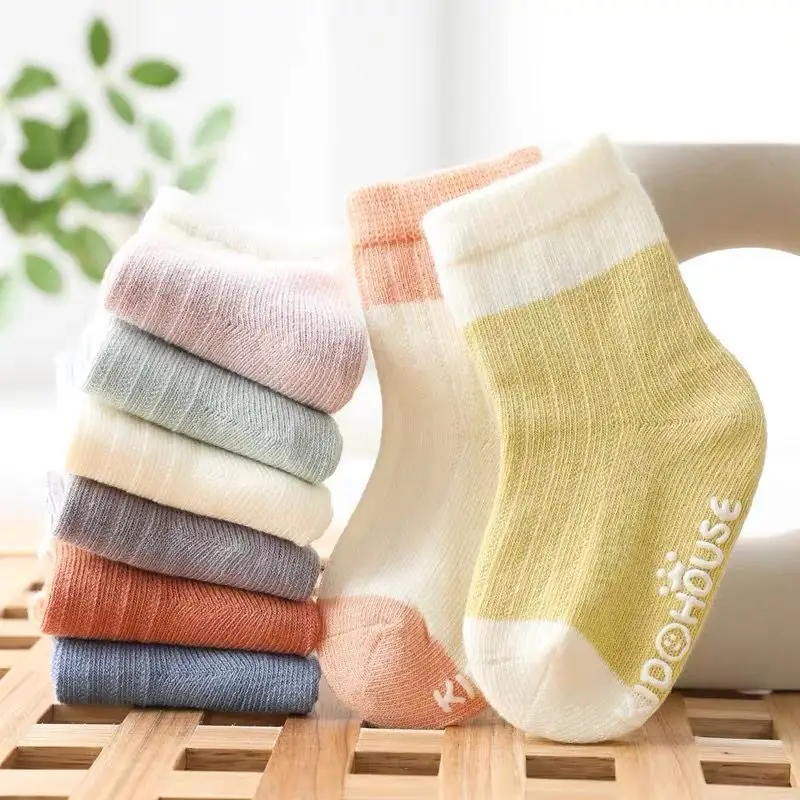 

8 Pairs 0-3Y Baby Socks Spring Autumn Pure Cotton Breathable Non Slip Floor Kids Socks Contrasting Colors In Tube Newborn Socks