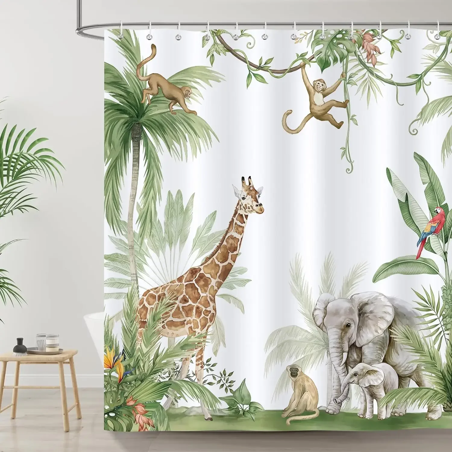 Funny Forest Animals Shower Curtain Elephant Giraffe Monkey Parrot Watercolour Art Creative Printed Bath Curtains Bathroom Decor