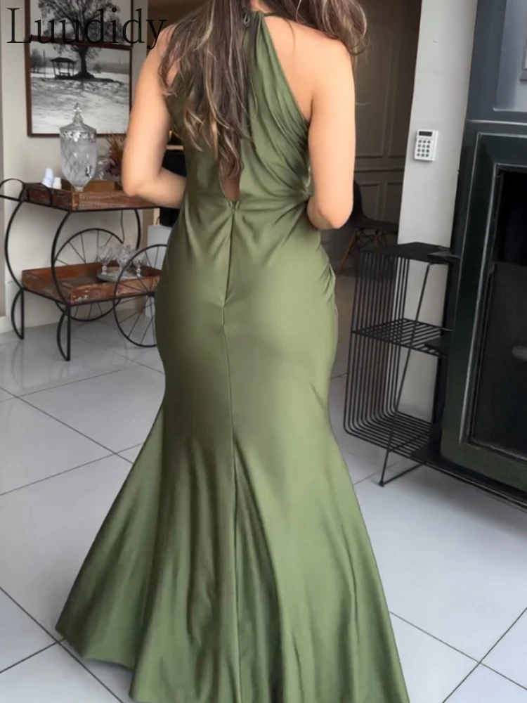 サテン ノースリーブ 中空ツイスト フロント パーティー ドレス タイ ディテール バックレス ジッパー バック マーメイド ヘム ドレス