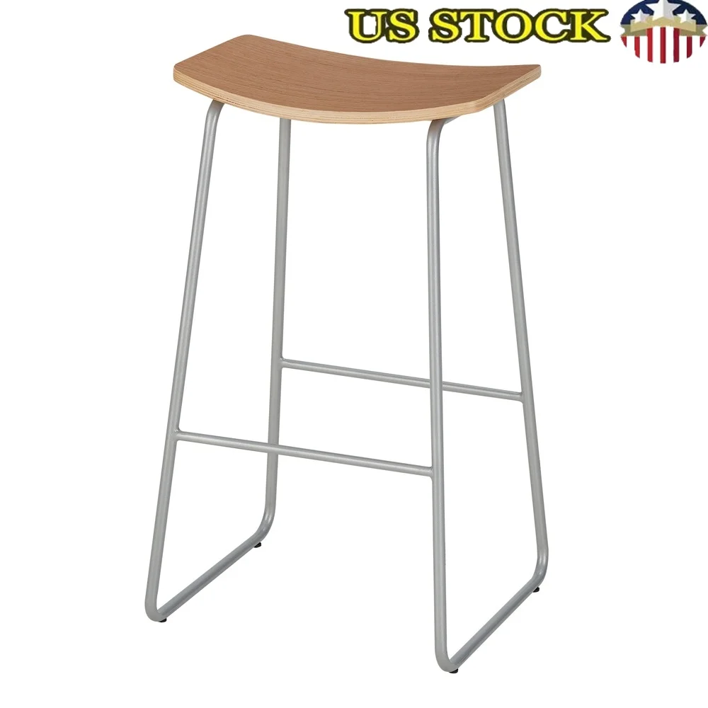

Set of 2 Backless Metal Bar Stools with Curved Plywood Seat Powder Coated Frame Comfortable Kitchen Seating