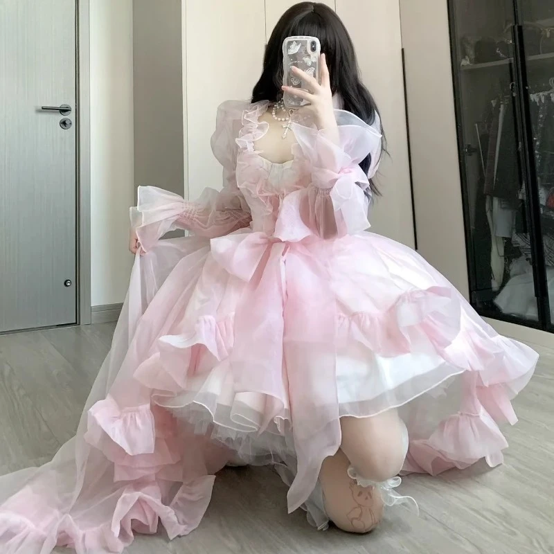 New French Flower Wedding Lolita Dress,Sweet Fairy Tube Top Sling Dress with Long Cardigan for Tea Party Cosplay Harajuku Women