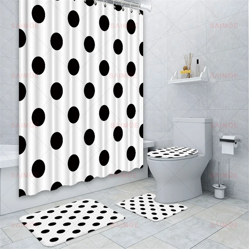 4 Pcs Large Black and White Seamless Polka Dot Bathroom Set Grid Circle Waterproof Shower Curtain Toilet Cover Mat Non Slip Rug