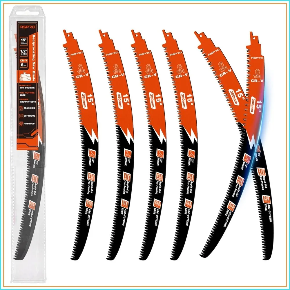 

15-Inch Arc Edge Reciprocating Saw Blades, 6TPI Pruning Blades for Wood Cutting, 6 Pack with Organizer Case