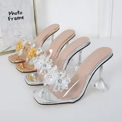 Comemore Summer Women Slingback Pumps Luxury Transparent High Heels Sandals Sexy Square Toe Mules Slippers Party Fashion Shoes