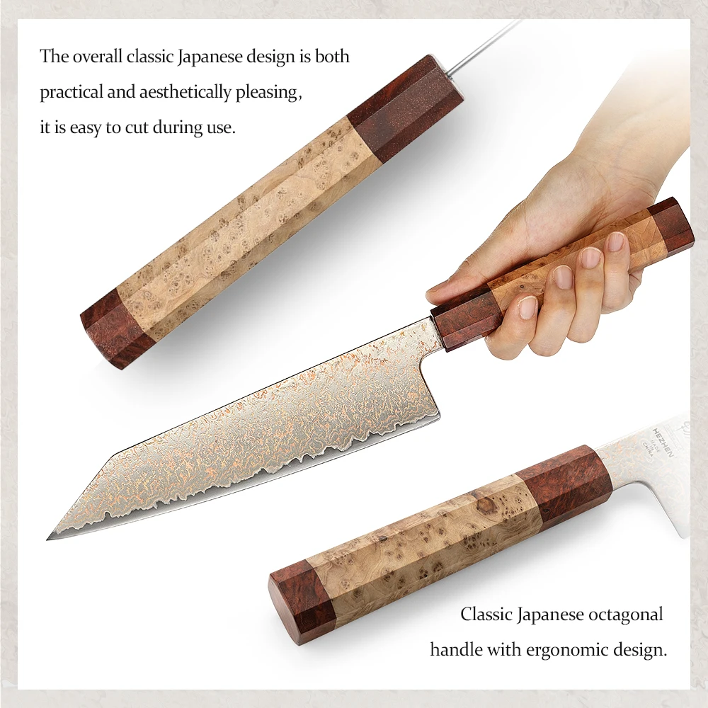 HEZHEN 8.3 inch Bunka Custom 37-Layer Tri-color Copper Damascus Steel Knife Chef Knives Meat Cleaver  Kitchen Knife