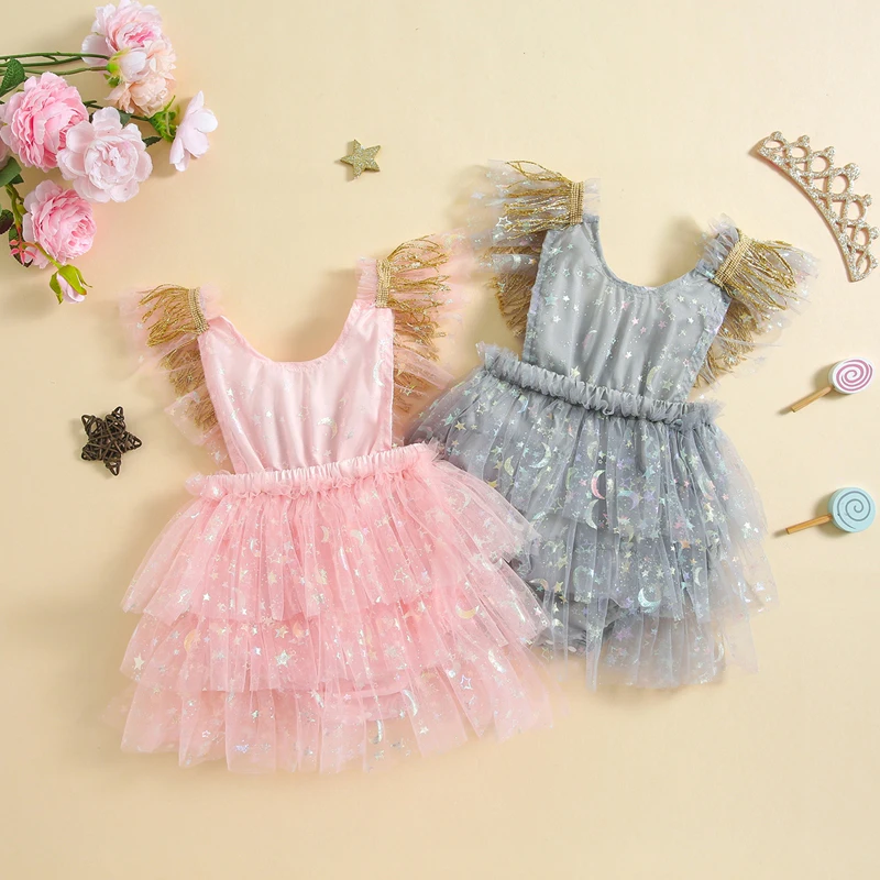 Newborn Infant Baby Girl Summer Romper Cute Sleeveless Scoop Neck Star Moon Print Bodysuit Dress Newborn Tulle Clothes