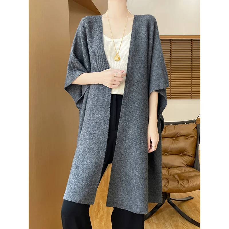 Wool Loose Medium Long Cardigan Women's Autumn Winter French Fashion Solid Color Australian wool Merino Knitted Cloak Top