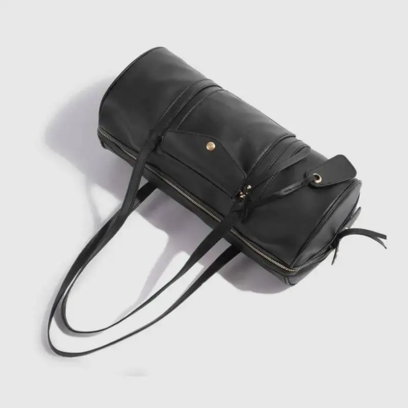 Retro Black Shoulder For Women Zip Cylinder Leather Large Capacity Handbag Ladies Fashion Simple Versatile Crossbody Bag New