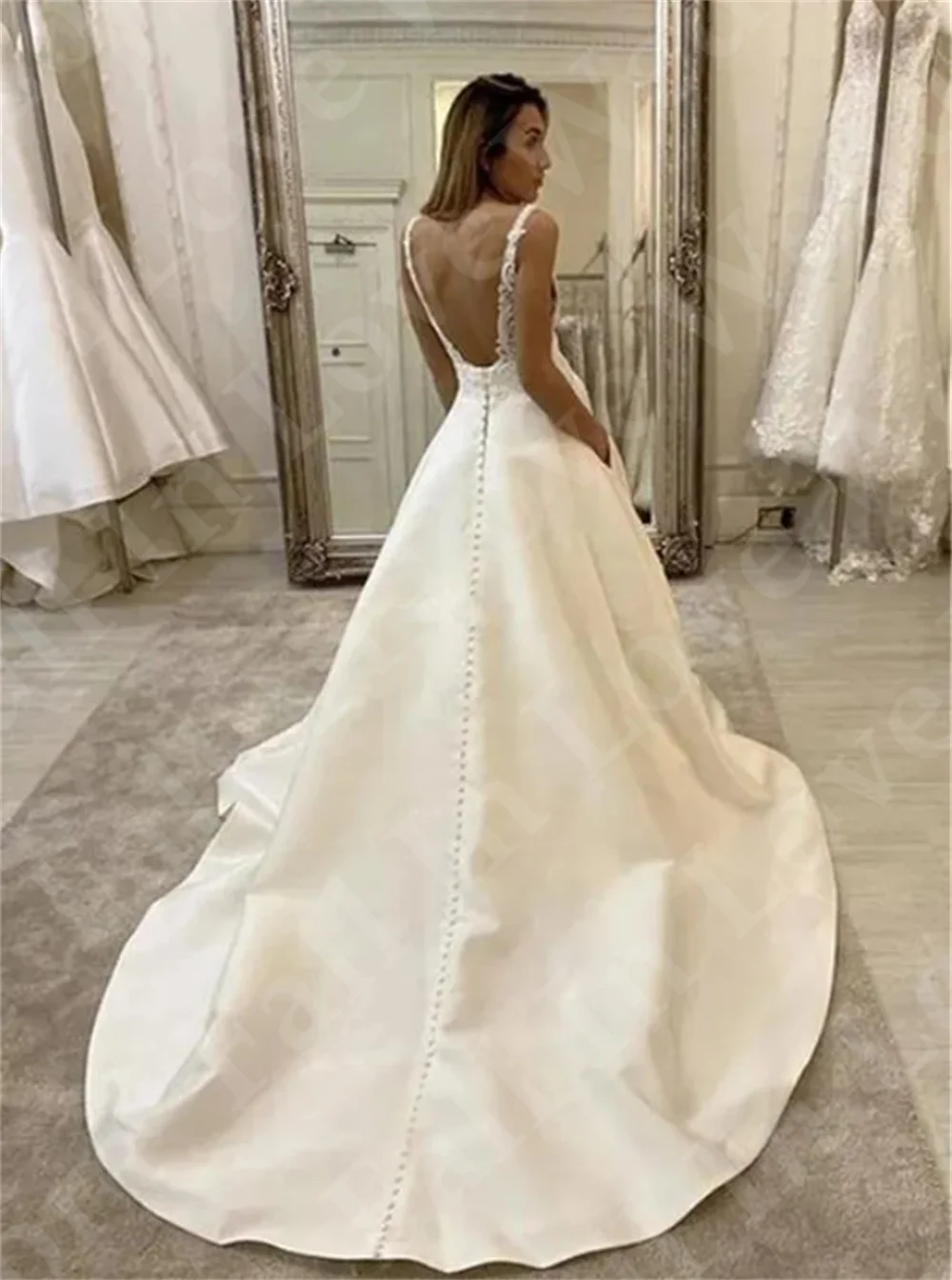 Sexy Backless Wedding Dress Spring Lace V-Neck Slip Dress Satin A-Line Back Buttons Vestidos De Novia 2024 Sleeveless Bride Gown