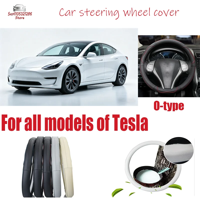 For Tesla Four season universal leather steering wheel cover, circular anti slip car handlebar cover steering wheel cover