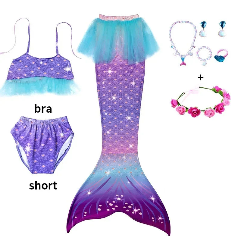 3-12 Years Girl Mermaid Swimsuit with Headwear Jewelry Beach Pool Party Cosplay The Little Mermaid Costume Swimming Bathing Suit