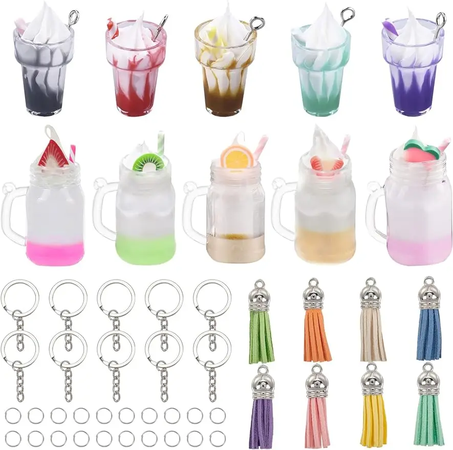 

56PCS Mini Milky Tea Keychain Bubble Tea Keychain Pendant Mini Milk Tea Cup with Key Rings and Jump Rings for Jewelry Craft