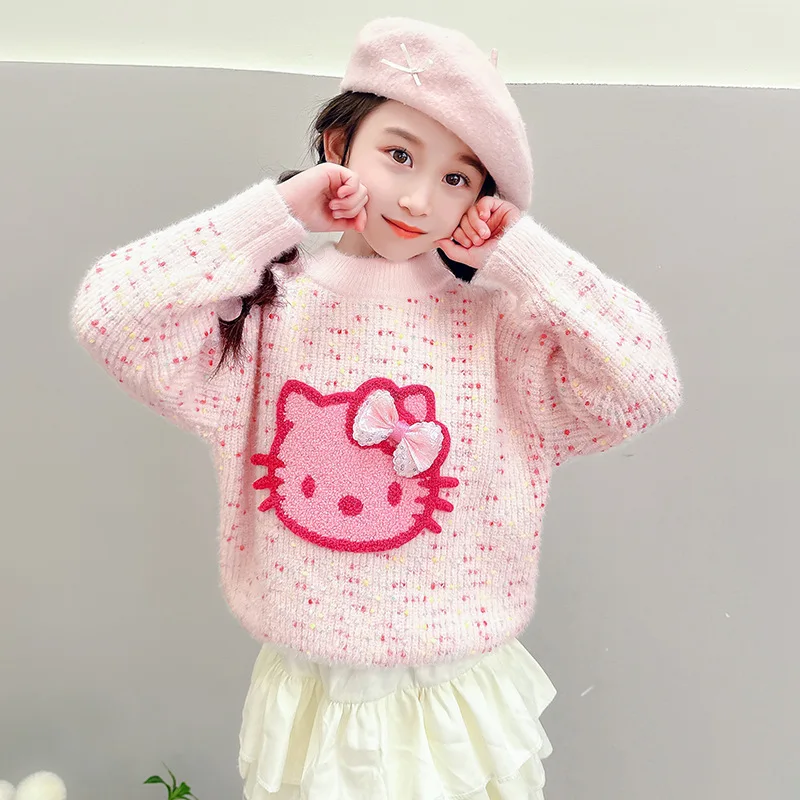 Hello Kittys Girl Sweater Kawaii Cartoon Keep Warm Autumn Sweet Knitted Sweater Cute Anime Figure Winter Child Pullover Thicken