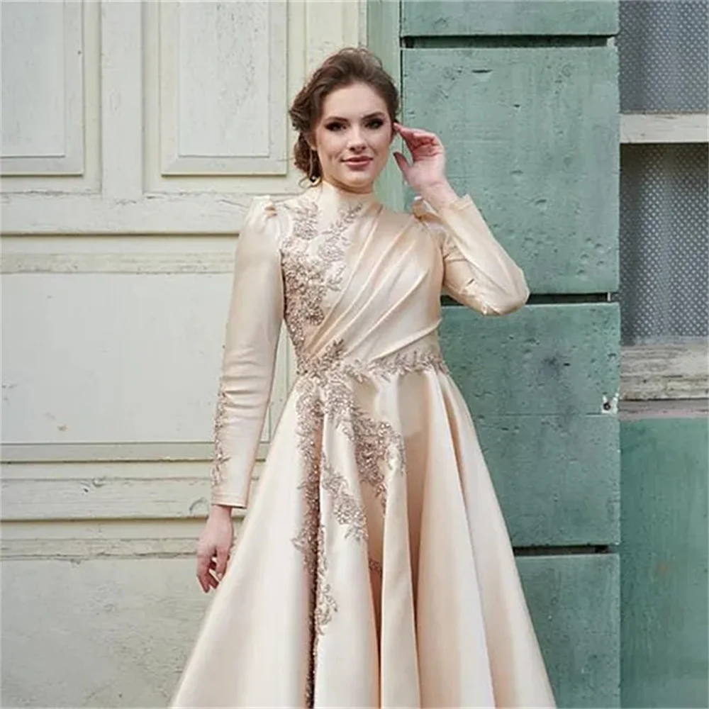 Mother Of The Bride Dress Ankle Length High Neck Long Sleeve Groom Mom Evening Prom Party Gowns Appliques Lace Beads Party Dress