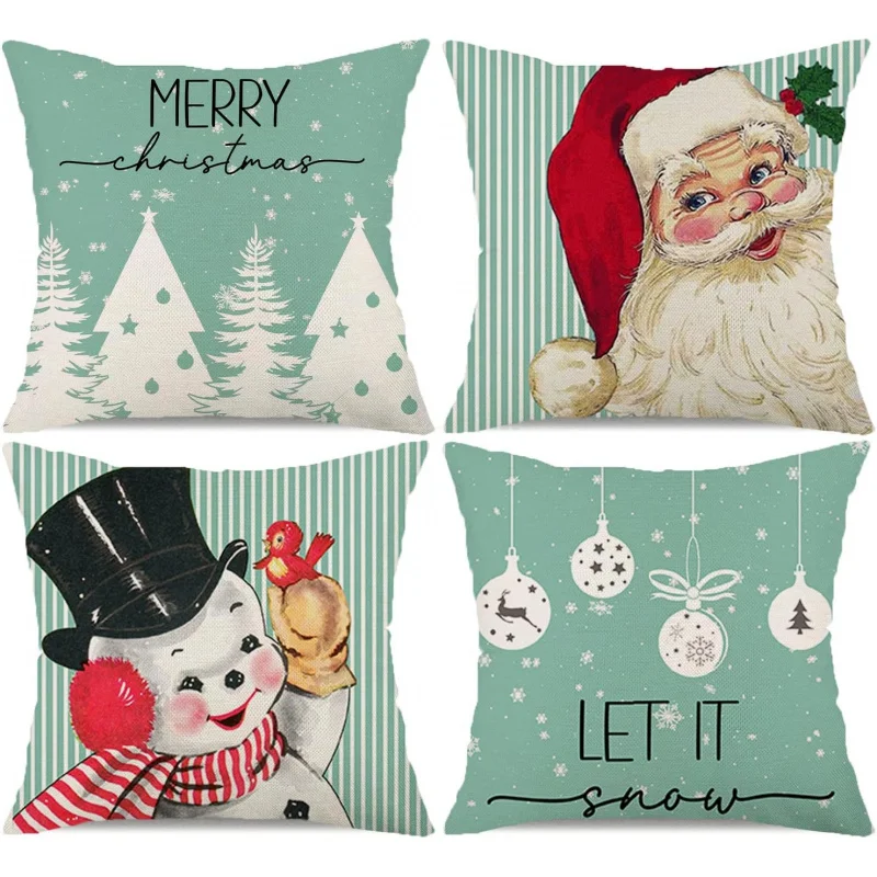 

Christmas Decorations Pillow Covers Set of 4 Stripes Santa Snowman Snowflake Merry Tree Let It Snow Hello Winter Holiday