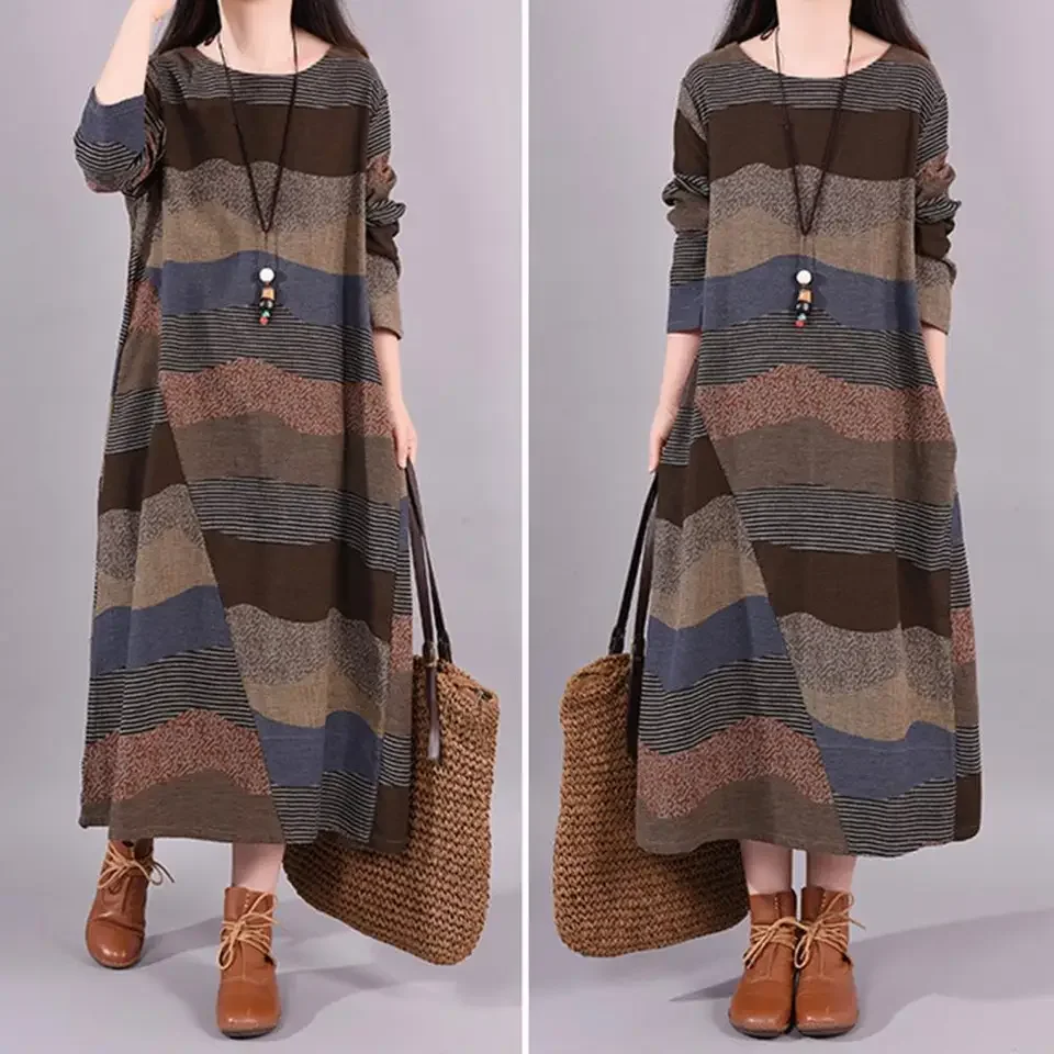 

O-Neck Long Sleeve Pullover Women Dress Autumn Winter Striped Contrast Color Loose Maxi Dress Daily Clothing Fall Loose Outfit