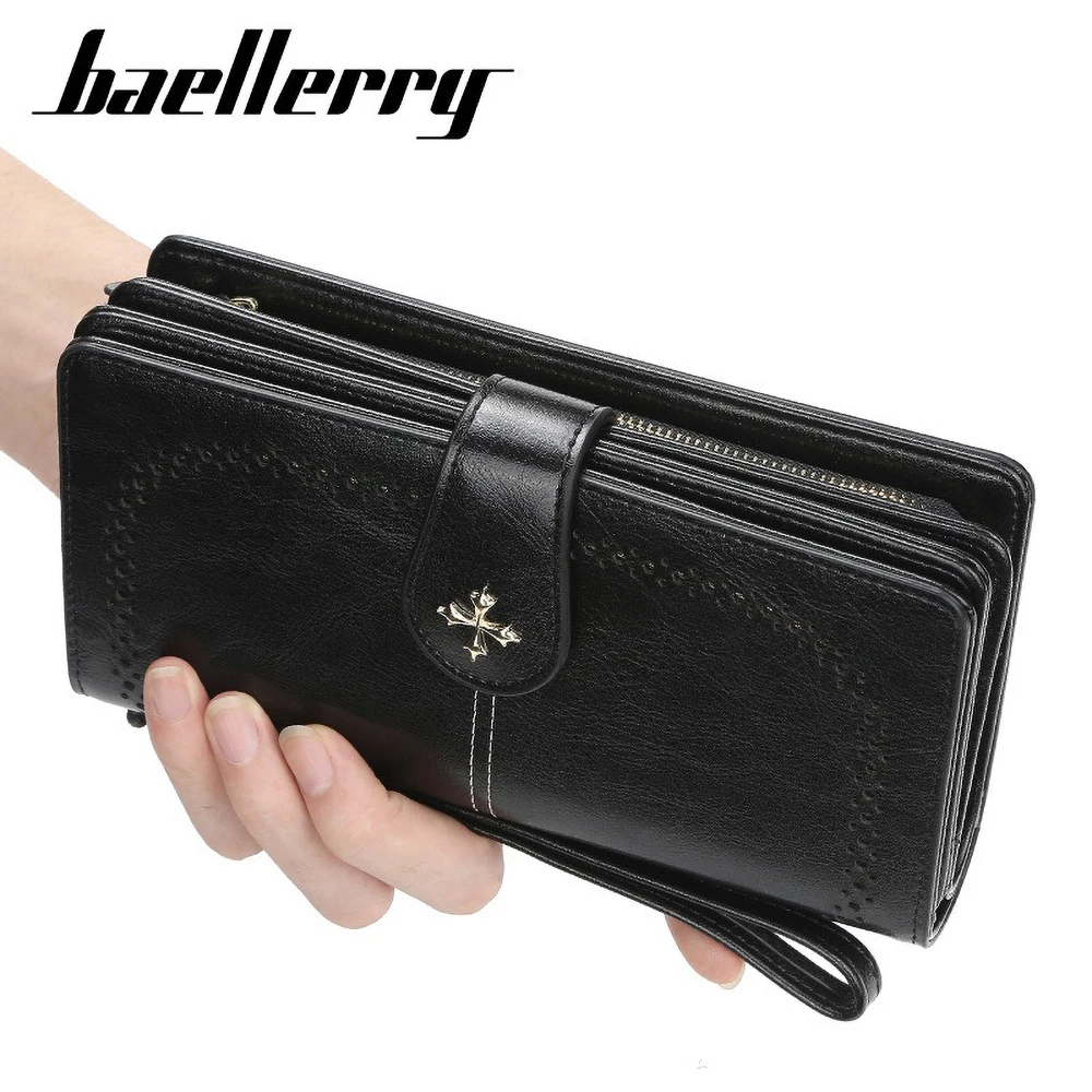 กระเป๋าสตางค์ยาวสำหรับผู้หญิง Baellerry พร้อมซิปคู่ ช่องใส่บัตรหลายช่อง ดีไซน์สร้างสรรค์ กระเป๋าคลัทช์เรียบง่าย ความจุเยอะ พร้อมสายคล้องมือ