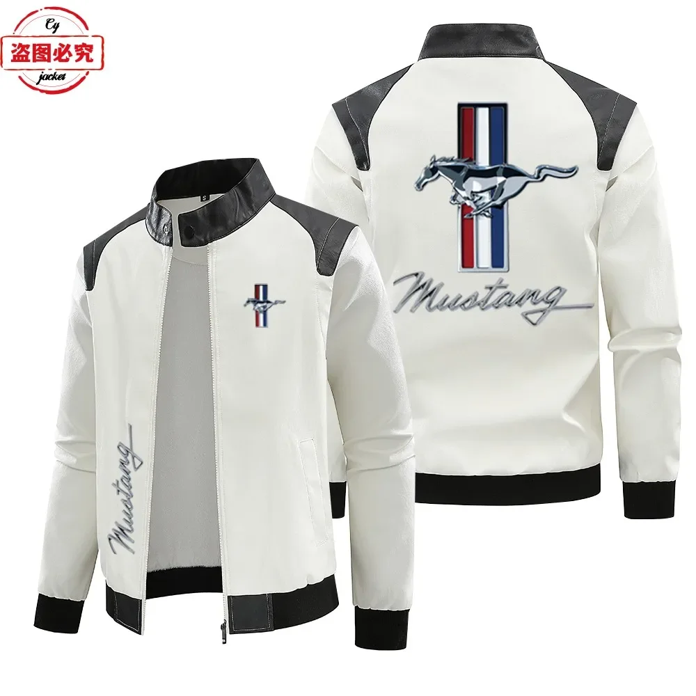 Ford Mustang logo print retro washed pu windproof autumn and winter men's racing jacket contrasting leather jacket