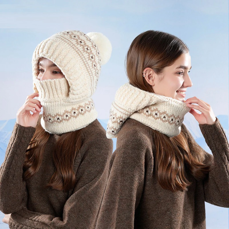 

Winter warm knitted wool hat large head circumference face mask scarf hood in one hat with fleece ear protection pull-over style