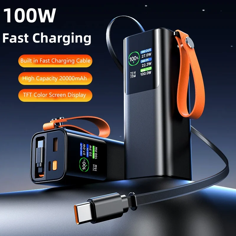 

Power Bank 20000mAh PD100W Fast Charging For Laptop iPhone 16 Samsung Powerbank with 70CM USB C Cable TFT Screen Spare Battery