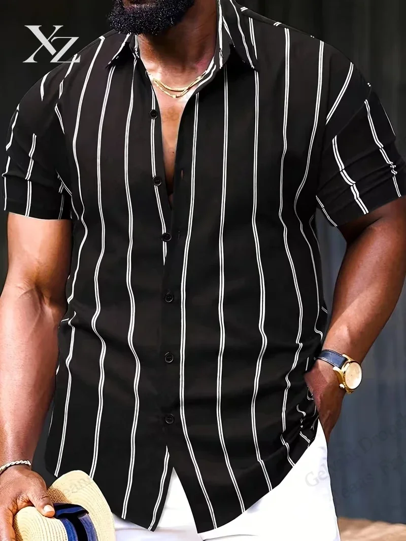 Black Striped Essential 3D Print Hawaiian Shirt Men Women Fashion Button Short Sleeve Single-breasted Shirt Mens Clothing Casual