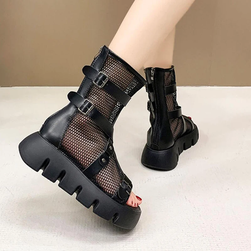 Punk Roman Platform Sandals for Women Cool Boots Mesh Breathable Sandals Korean Streetwear Model Gladiator Shoes Summer New 2024