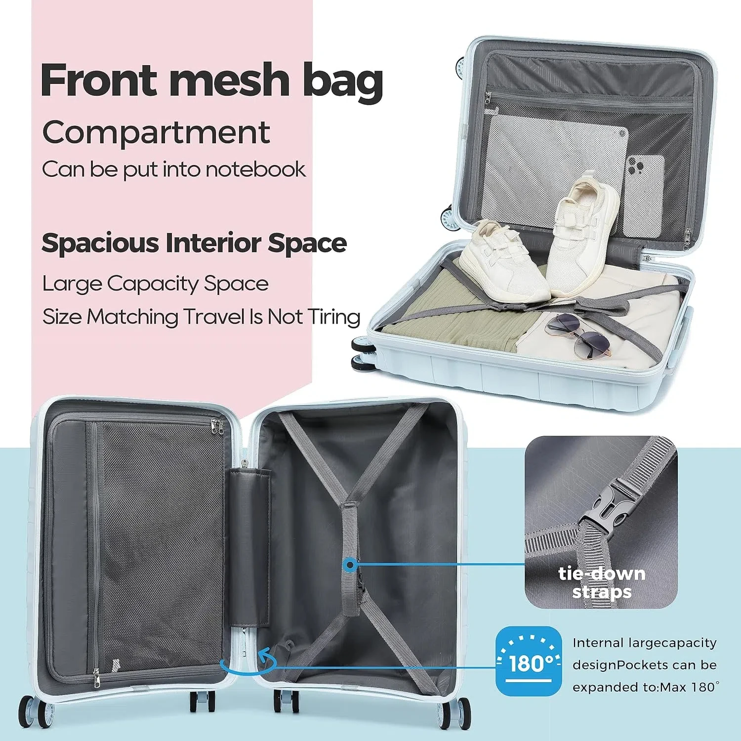 メラレニア 3ピース 20インチ 機内持ち込み可能スーツケースセット、拡張可能な軽量で丈夫なトラベルスーツケース、TSAロック付き、スピナーホイール