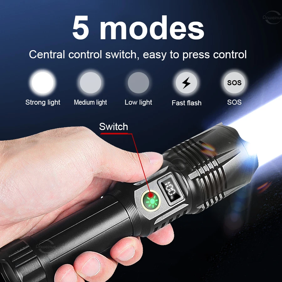 990000LM Most Powerful Flashlight Type-c Recharge 3000M Spotlight Tactical Flash Light 5000mAh High Power Led Flashlights Torch