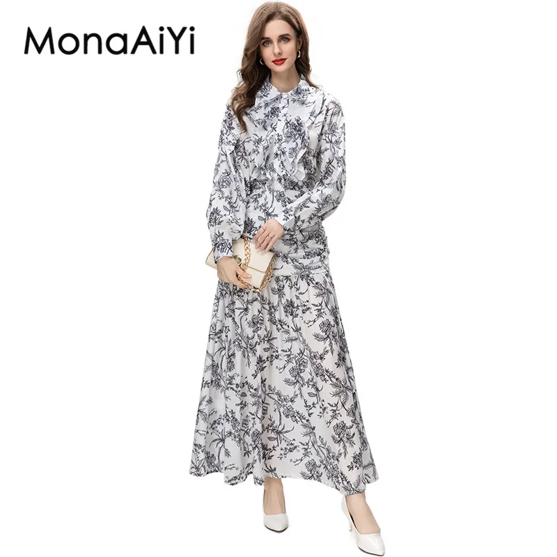 

MonaAiYi High Street Fashion Designer Suit Women's Lantern Sleeve Print Cardigan Ruffle Gray Tops+High Split Long Skirt 2pcs Set