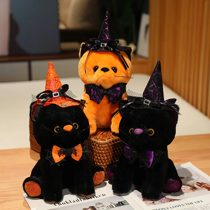 2025 Halloween Style Black Orange Cat Plush Toy Cute Kitten Doll Stuffed Pillow Happy Halloween Party Decor Gifts Trick or Treat