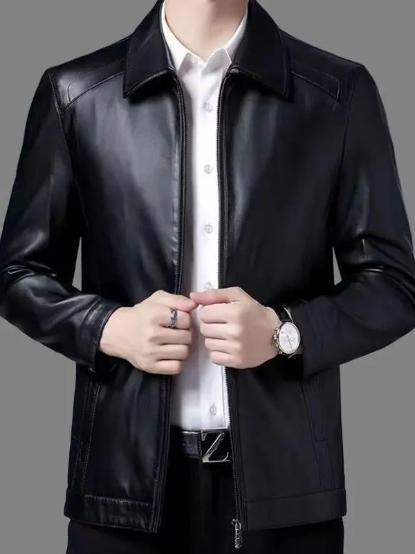 

Мужская кожаная куртка с флисовой подкладкой, воротником, в городском стиле, для мужчин среднего возраста, модная, с длинными рукавами, зимняя верхняя одежда