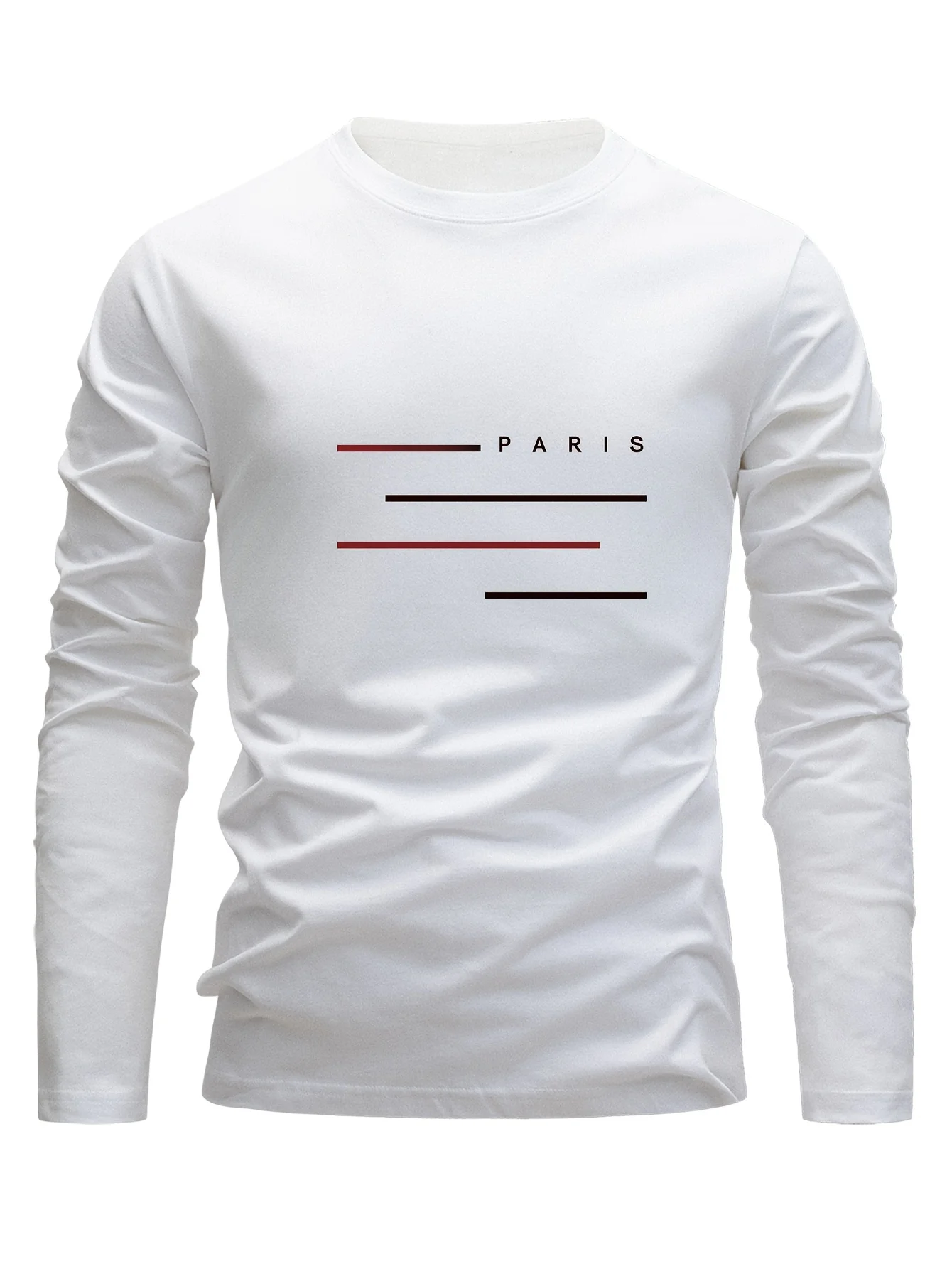 Men's Basic Daily Loose And Comfortable Casual Sports Parisian Letter Printed Round Neck Long Sleeved T-shirt Warm Top