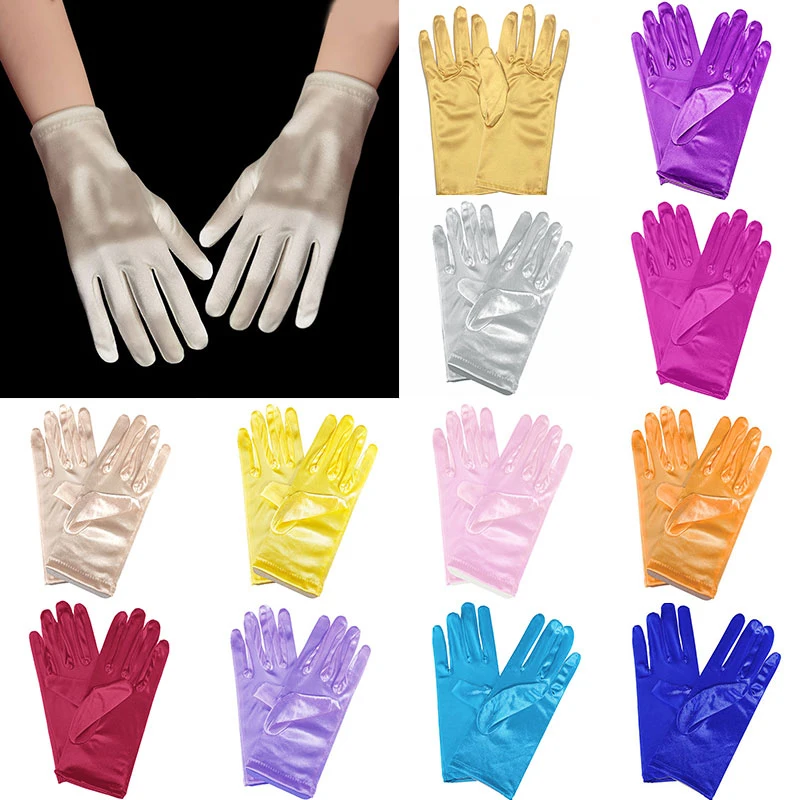 1 Pairs Costume Prom Party Gloves Satin Pearl Full Finger Mittens Women Wedding Bridal Short Gloves Solid Color Gloves Guantes