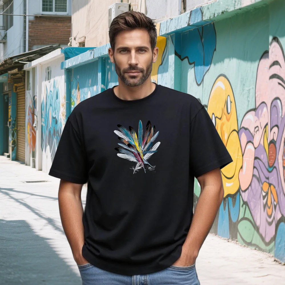 

New Summer Men Clothes Short-sleeved T-shirts Casual Breathable Male Clothing O-Neck T Shirt Feather Printed Fashion Tops Tees
