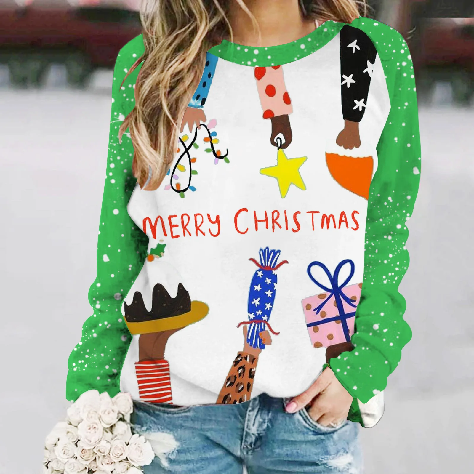 2024 European and American Women\'s Christmas New Printed Round Neck Hoodie, Casual and Fashionable Cudgelet Top T-shirt